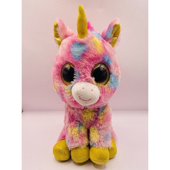 Ty Beanie Boo  Fantasia The Unicorn  Pink w/Golden Horn Medium 9" P1 - Picture 1 of 6